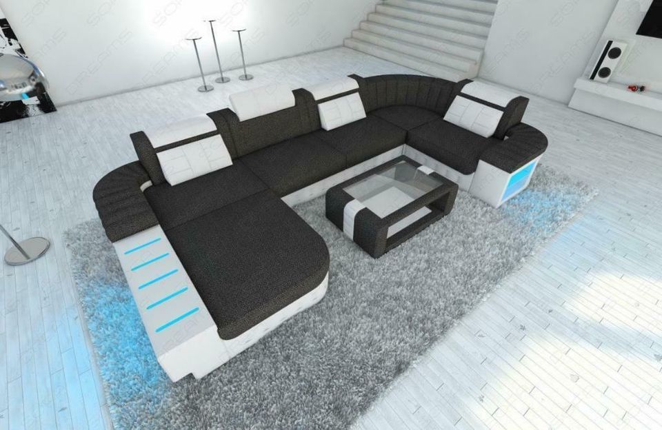 Wohnlandschaft Bellagio U Form Stoffsofa Couch mit Ottomane LED in Berlin