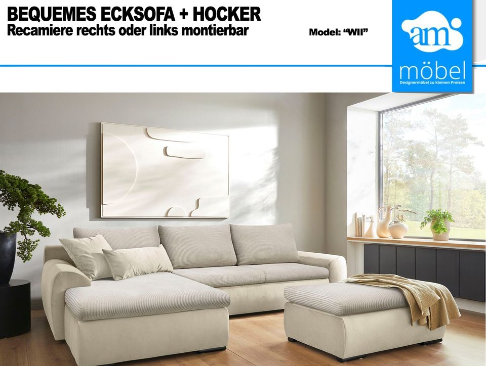 Sofa Couch Wohnlandschaft L Form + Hocker Cord-Velour  beige in Bremen